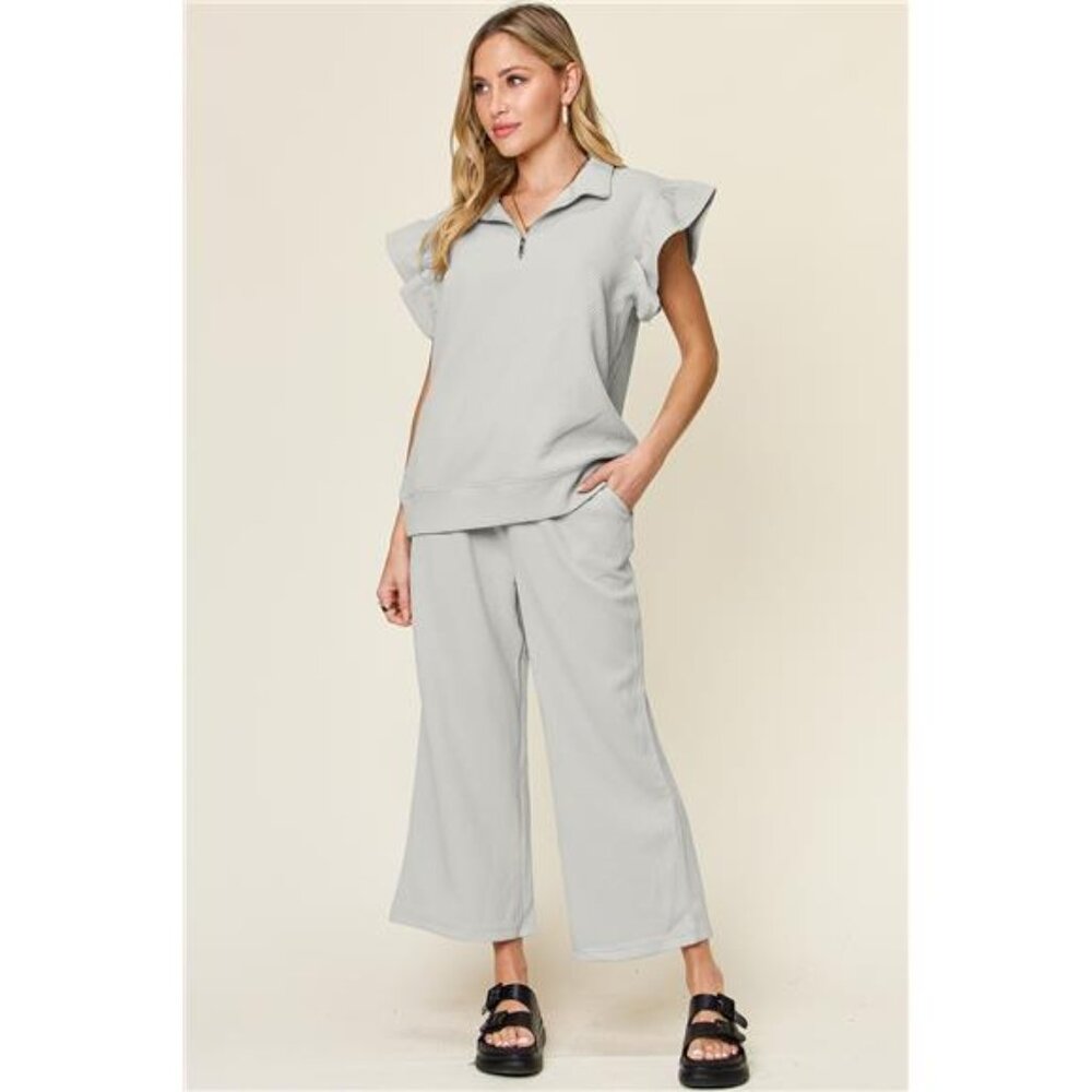 Double Take Texture Ruffle Short Sleeve Top and Drawstring Wide Leg Pants Set